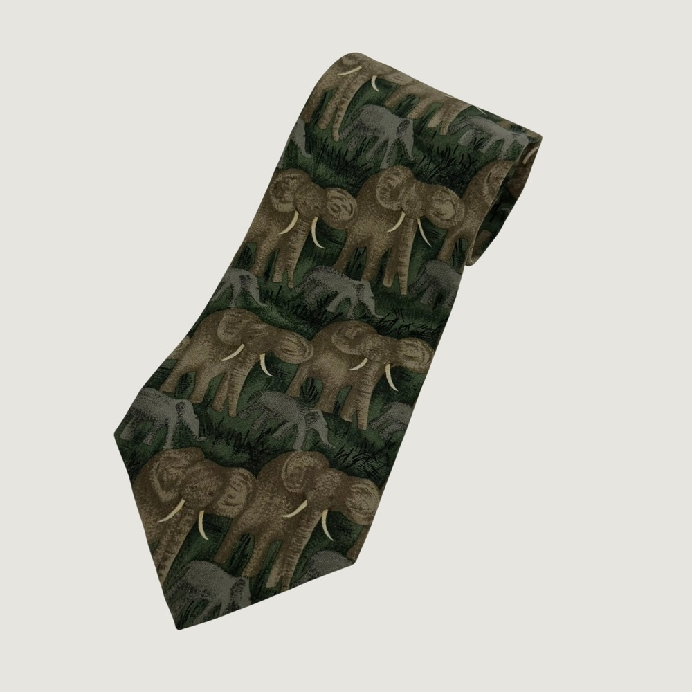 Jim Valvano Collection One Elephant Silk Tie Green Brown Safari Stonehenge Mens